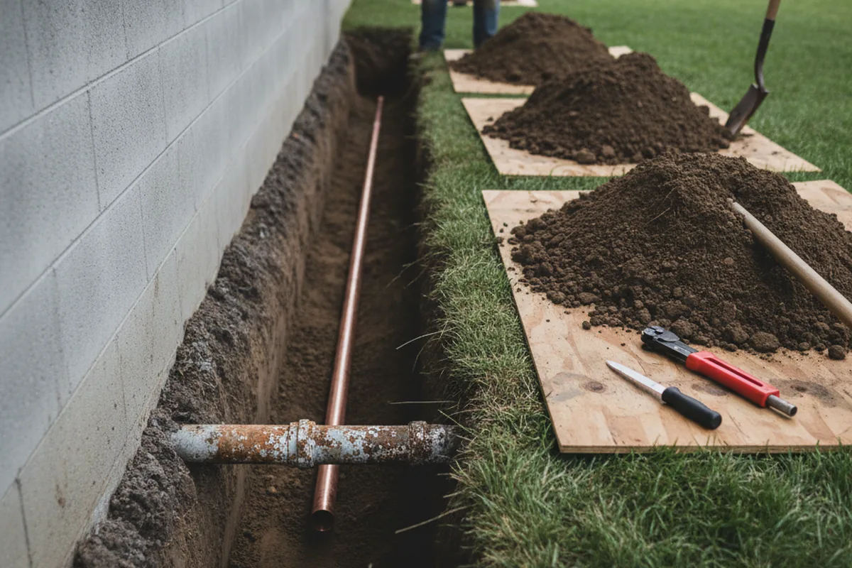 Excavated water line trench during Water Heater Repair in Green Camp